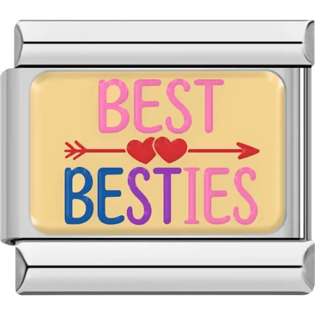 Pink and purple "Best Besties" text with red hearts and arrow on yellow background Italian charm bracelet link