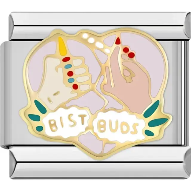 Two hands design with colorful nail details and "Best Buds" text in a heart shape Italian charm bracelet link