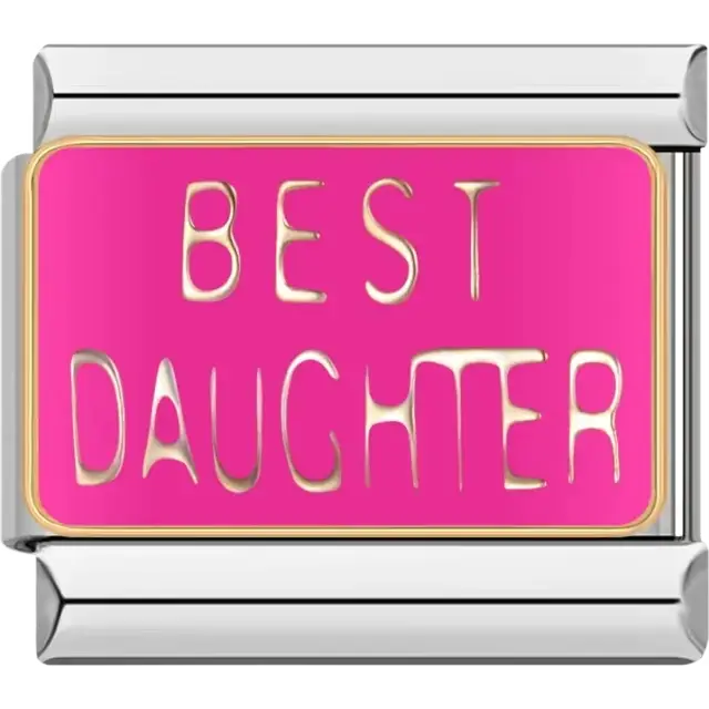 Bright pink background with gold "Best Daughter" text Italian charm bracelet link