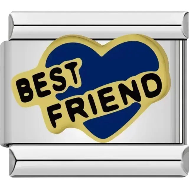 Black lettering “Best Friend” on blue heart background rectangular Italian charm bracelet link