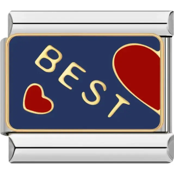 "BEST" text with two red hearts on dark blue background Italian charm bracelet link