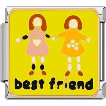 Yellow background two girl figures holding hands best friend text Italian charm bracelet link