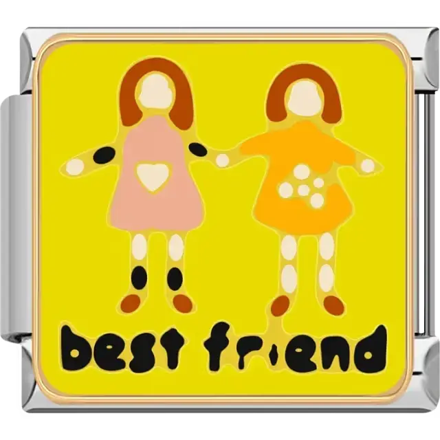 Yellow background two girl figures holding hands best friend text Italian charm bracelet link