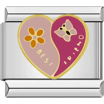 Split heart design with flower and butterfly details and Best Friends text Italian charm bracelet link