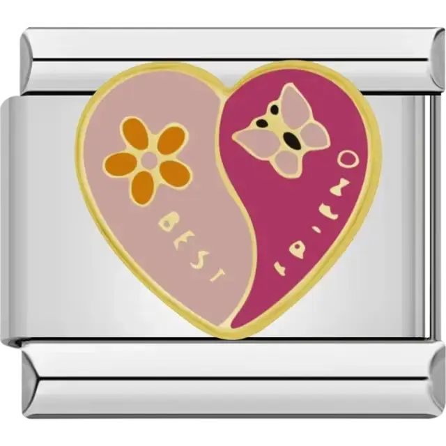 Split heart design with flower and butterfly details and Best Friends text Italian charm bracelet link