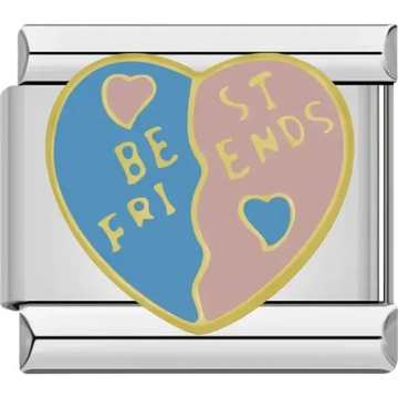 Split heart design in blue and pink with Best Friends text and small heart accents Italian charm bracelet link
