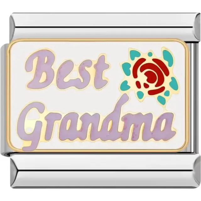Purple "Best Grandma" text with a red rose and green leaves on a white background Italian charm bracelet link