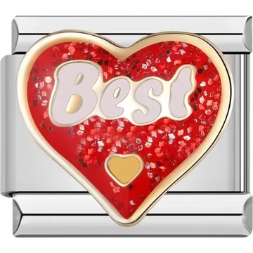 Gold heart with red glitter details white "Best" text and a small gold heart Italian charm bracelet link