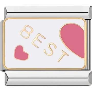 White rectangular design with pink hearts and gold "Best" text Italian charm bracelet link