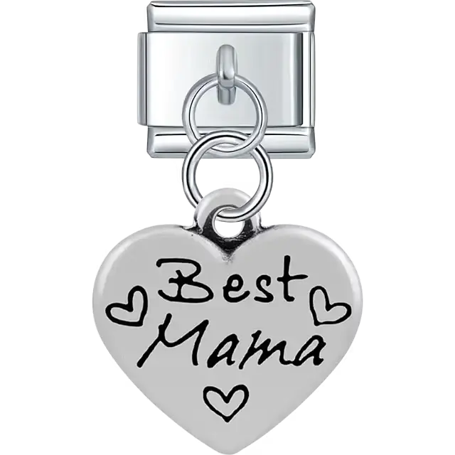 Heart with "Best Mama" text heart symbols dangle Italian charm bracelet link