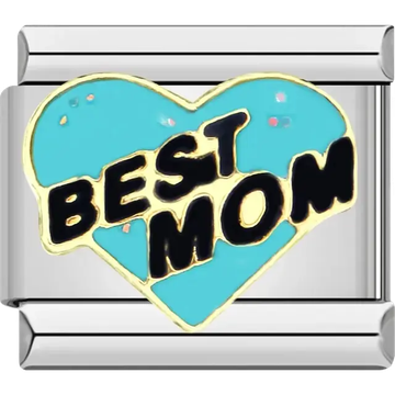 “Best Mom” black text on blue heart with glitter accents Italian charm bracelet link