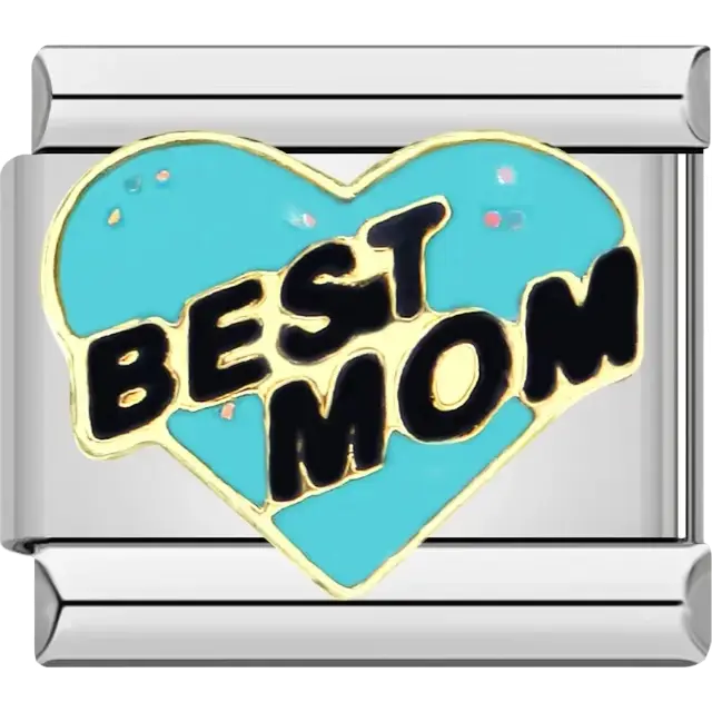 “Best Mom” black text on blue heart with glitter accents Italian charm bracelet link