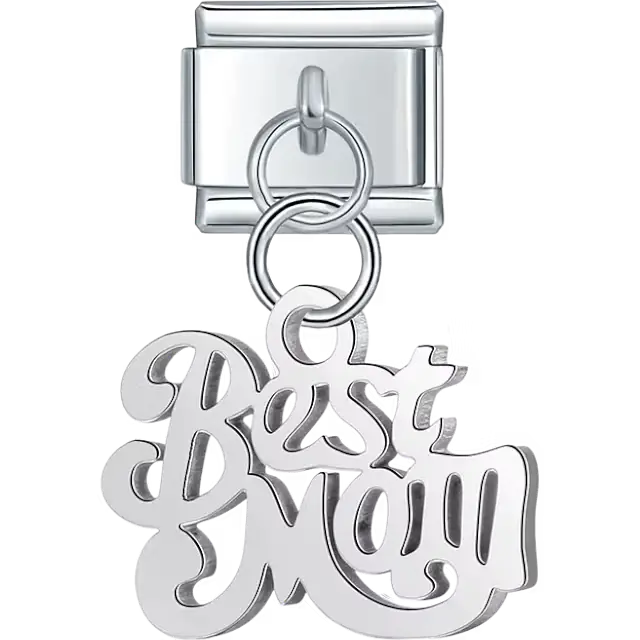 Silver "Best Mom" text script dangle Italian charm bracelet link