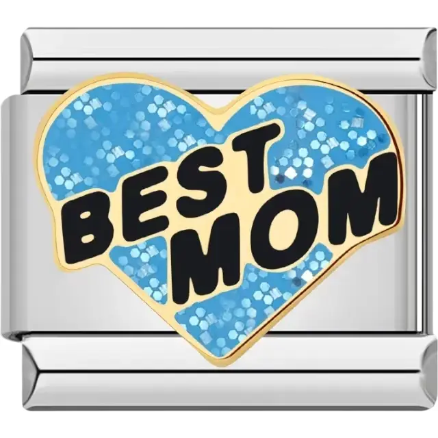 Blue glitter heart with "Best Mom" in bold black text and gold outlines Italian charm bracelet link