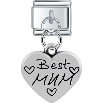 Heart with "Best Mum" text heart symbols dangle Italian charm bracelet link