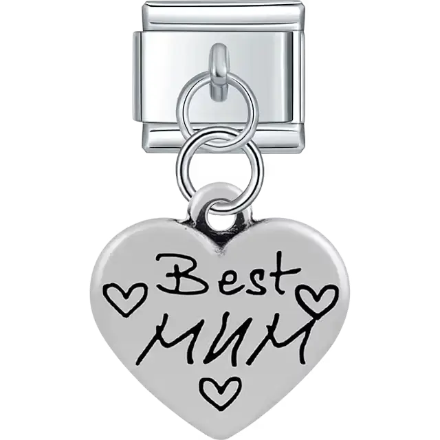 Heart with "Best Mum" text heart symbols dangle Italian charm bracelet link