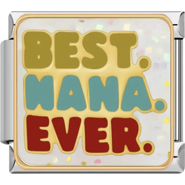 Gold, blue, and red "Best Nana Ever" text Italian charm bracelet link