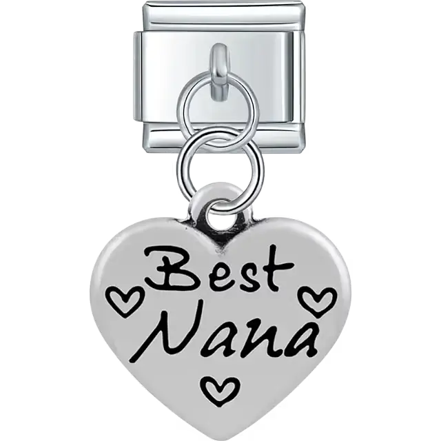 Heart with "Best Nana" text heart symbols dangle Italian charm bracelet link