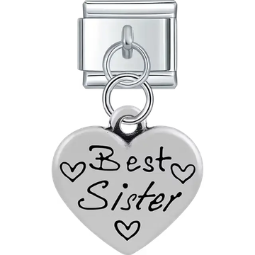 Heart with "Best Sister" text heart symbols dangle Italian charm bracelet link