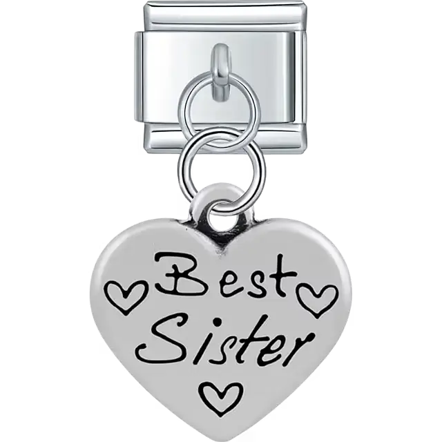 Heart with "Best Sister" text heart symbols dangle Italian charm bracelet link