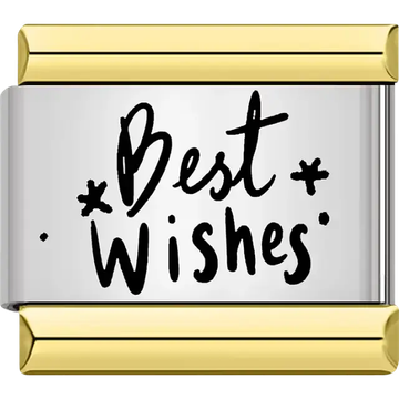 Black text "Best Wishes" stars gold trim Italian charm bracelet link
