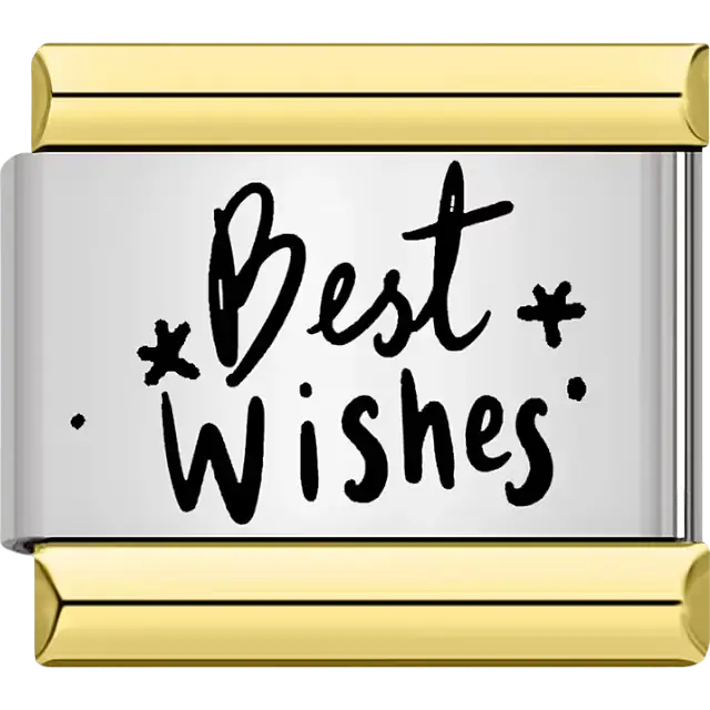 Black text "Best Wishes" stars gold trim Italian charm bracelet link