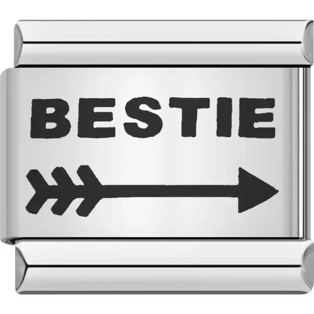 Black text "BESTIE" above a black arrow with a pointed tip and fletched end Italian charm bracelet link