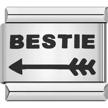 Black text "BESTIE" above a horizontal black arrow with a pointed tip and fletched end Italian charm bracelet link