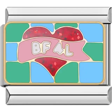 Red heart design with "BF 4L" text on a pink banner and colorful background Italian charm bracelet link