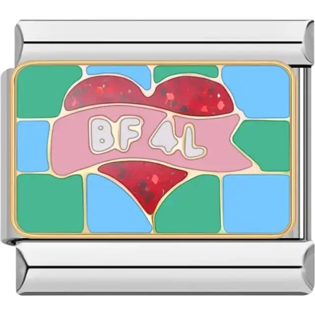 Red heart design with "BF 4L" text on a pink banner and colorful background Italian charm bracelet link