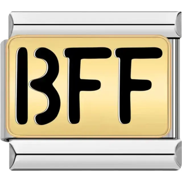 Black "BFF" text on a gold background Italian charm bracelet link