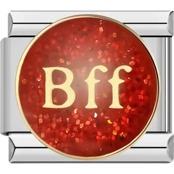 Gold "BFF" text on a red glitter background with circular gold border Italian charm bracelet link