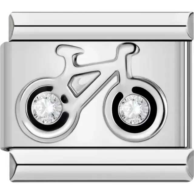 Silver bicycle design with crystal accents in the wheels Italian charm bracelet link