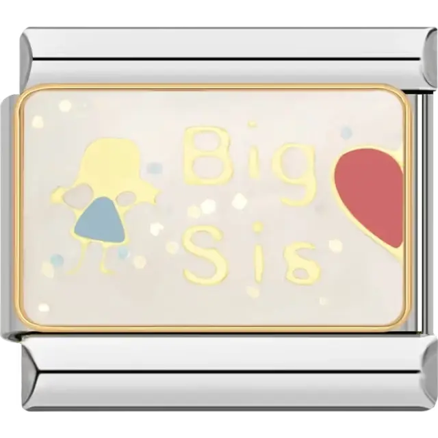 "Big Sis" text with girl figure and red heart on glittery white background Italian charm bracelet link