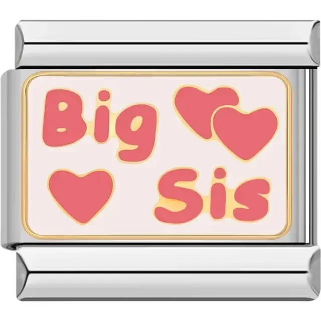 Pink hearts with bold pink and yellow "Big Sis" text on a white background Italian charm bracelet link