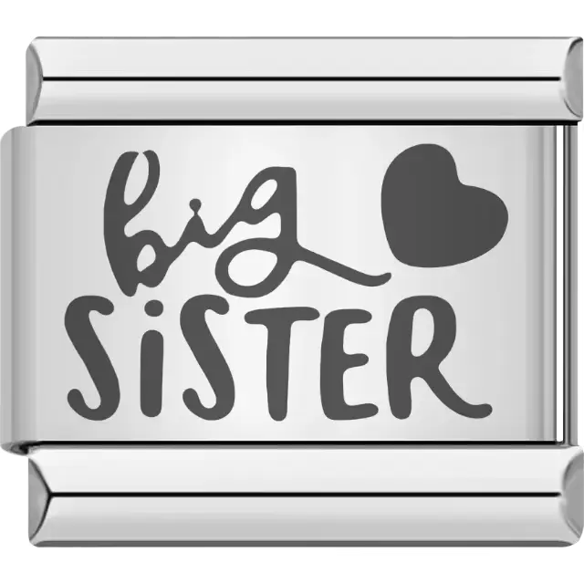 "Big Sister" text in playful black lettering with heart detail Italian charm bracelet link