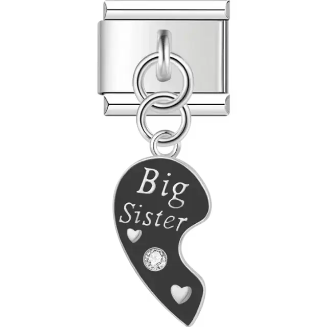 Black and silver dangle charm with "Big Sister" engraving, heart details, and a clear crystal accent Italian charm bracelet link