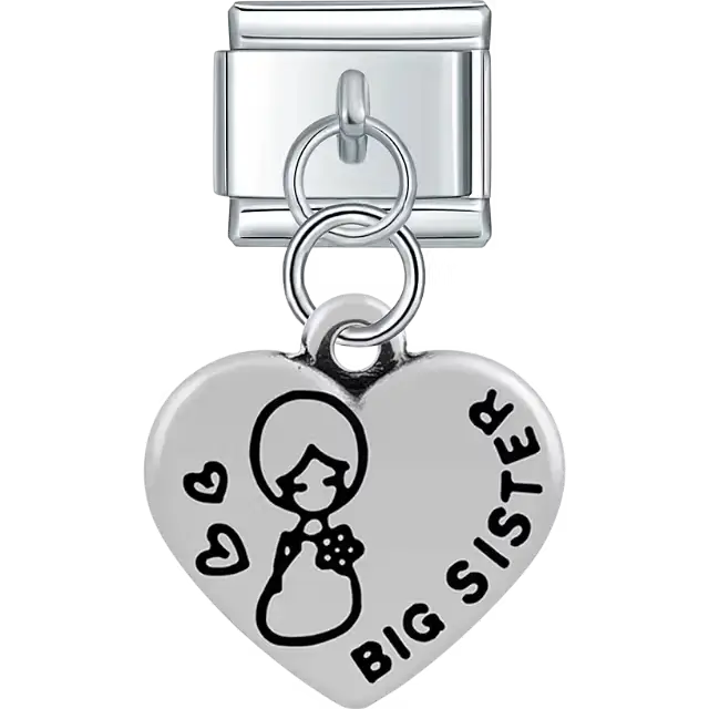 Heart with "BIG SISTER" text girl figure hearts dangle Italian charm bracelet link
