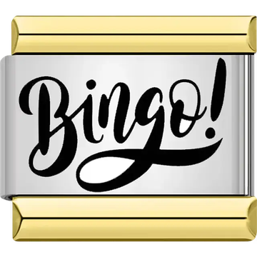 Black text "Bingo!" script gold trim Italian charm bracelet link