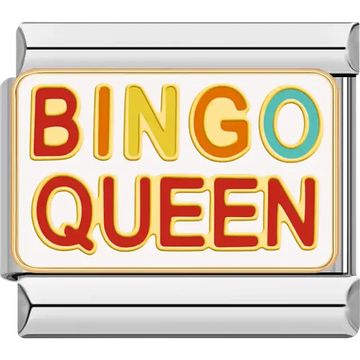 Red yellow "BINGO QUEEN" gold border white background Italian charm bracelet link