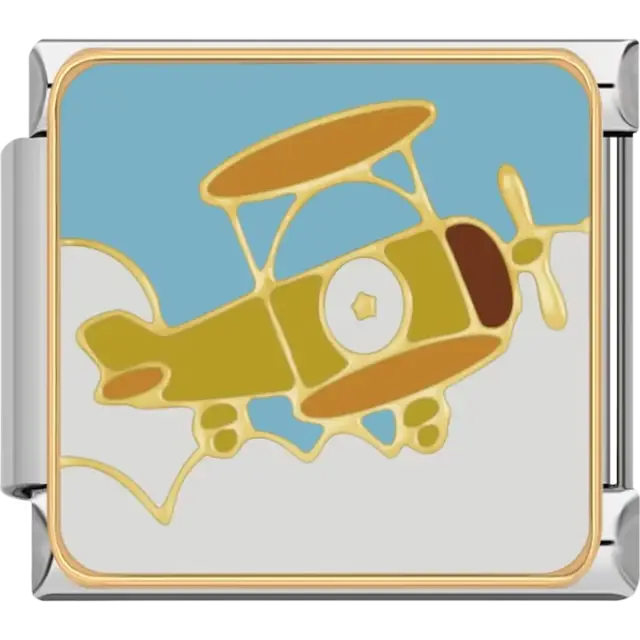 Yellow and brown biplane with a white star on a light blue sky and white cloud background Italian charm bracelet link