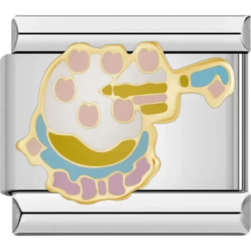 Cake with pastel pink blue and purple icing and a gold candle Italian charm bracelet link