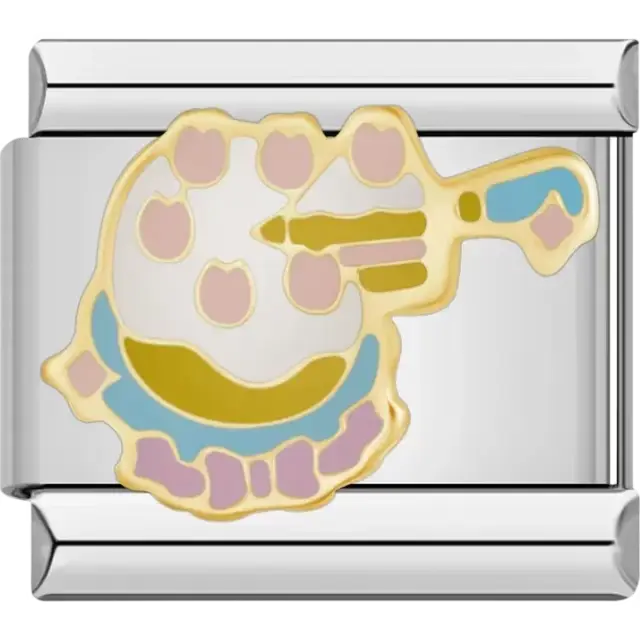 Cake with pastel pink blue and purple icing and a gold candle Italian charm bracelet link