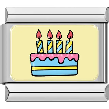Colorful birthday cake with four lit candles on a yellow background Italian charm bracelet link