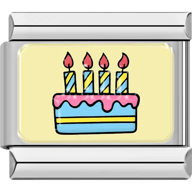 Colorful birthday cake with four lit candles on a yellow background Italian charm bracelet link
