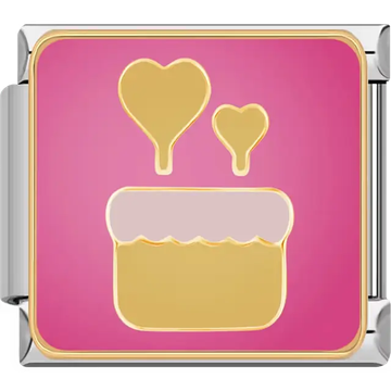 Gold birthday cake with heart balloons on pink background Italian charm bracelet link