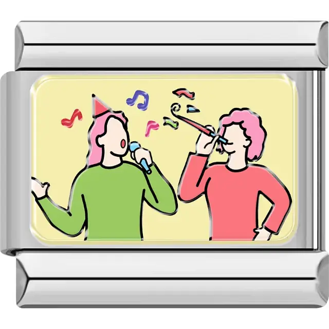 Two people celebrating with party hats, noisemakers, and music notes on a yellow background Italian charm bracelet link