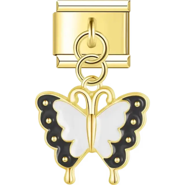 Butterfly pendant with black and white wings featuring gold accents Italian charm bracelet link