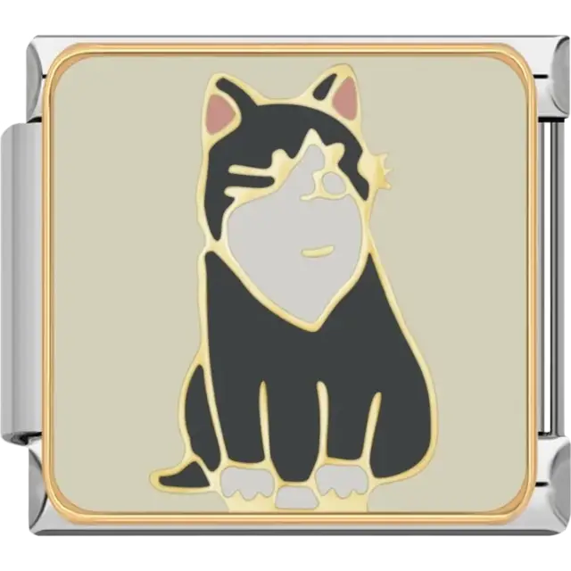 Sitting black and white cat with gold trim Italian charm bracelet link