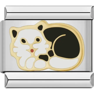 Black and white cat curled up with gold accents Italian charm bracelet link
